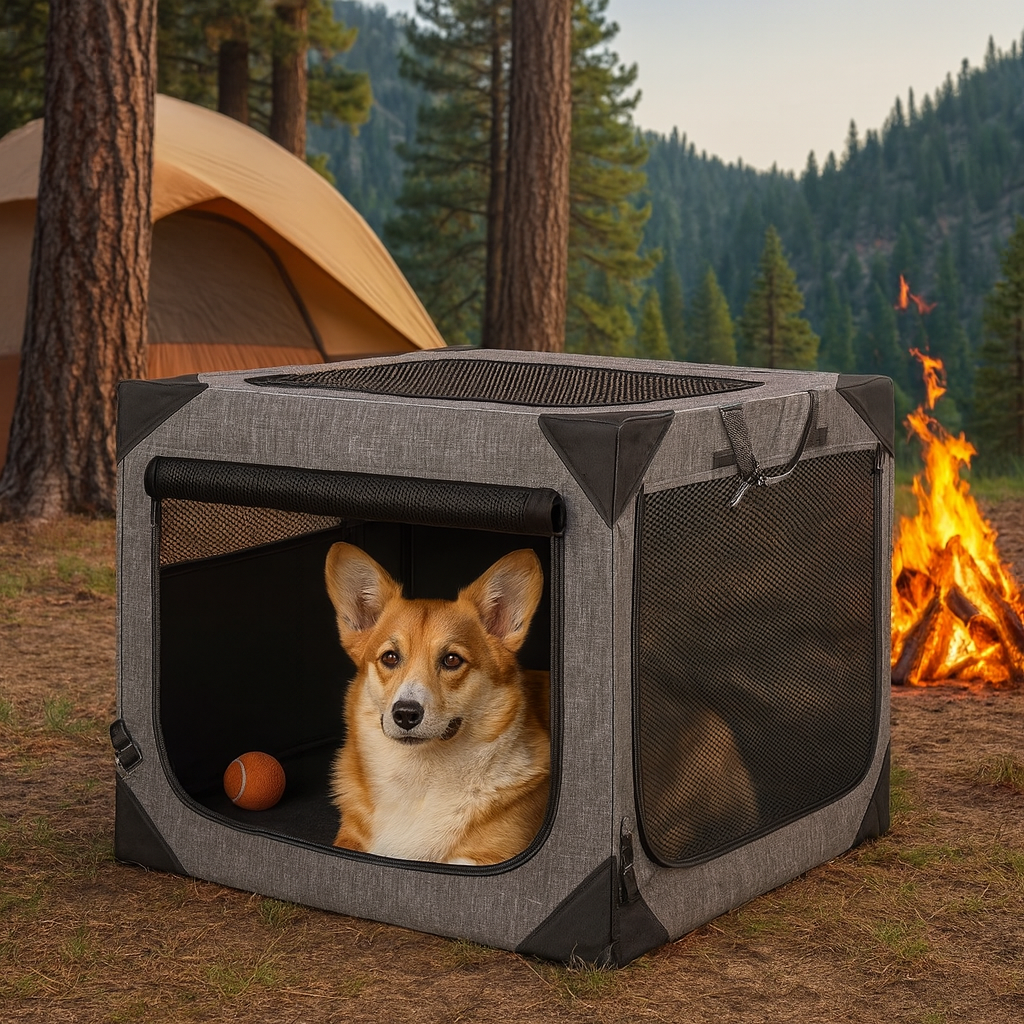 Corgi relaxing in the Nuzzinel Den travel crate at a campsite