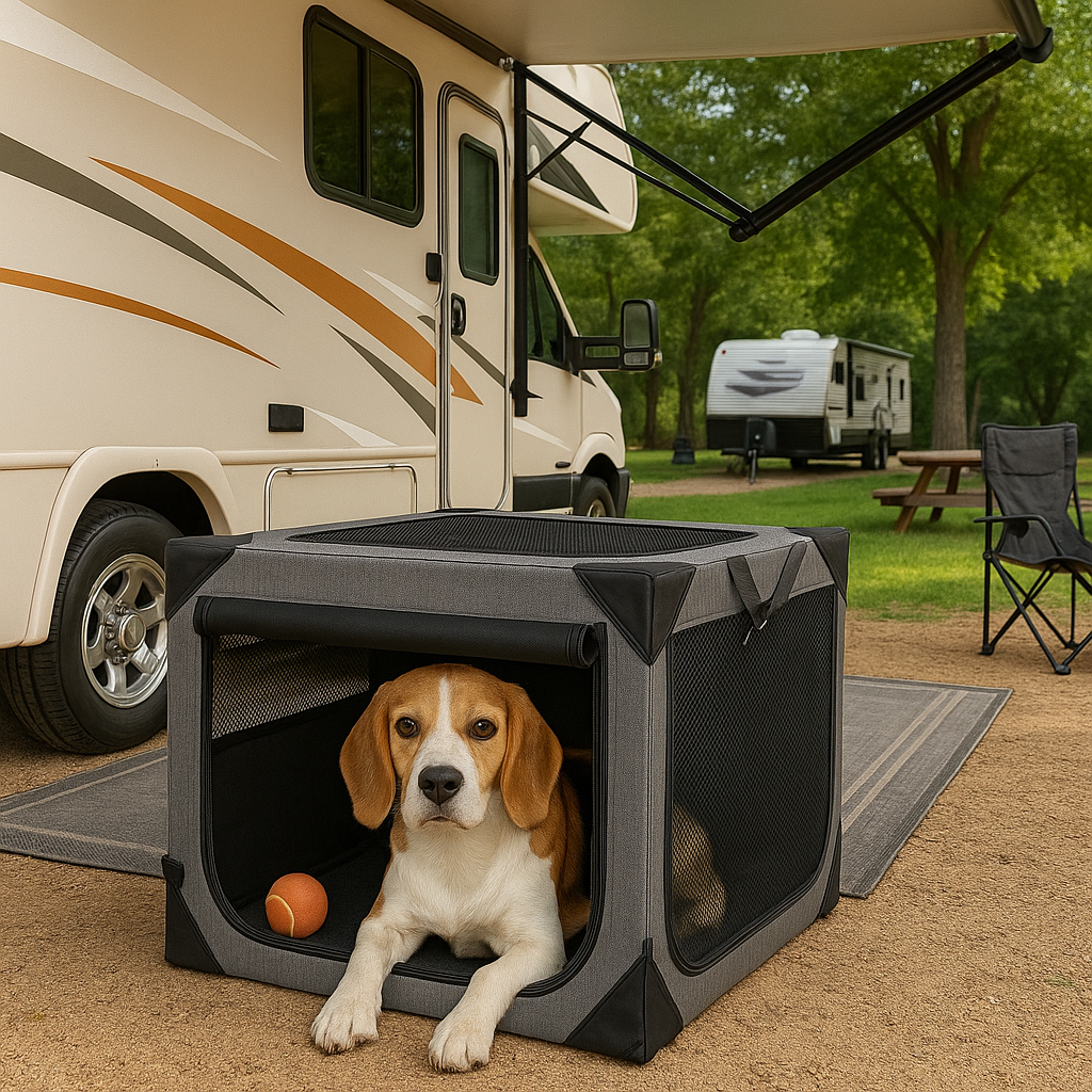 Beagle in the Nuzzinel Den travel crate by an RV