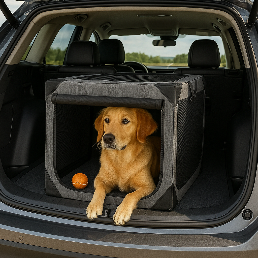 Dog in the Nuzzinel Den travel crate in the back of an SUV