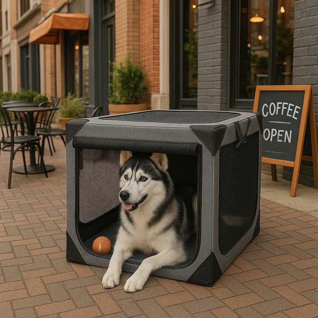Husky resting in the Nuzzinel Den travel crate