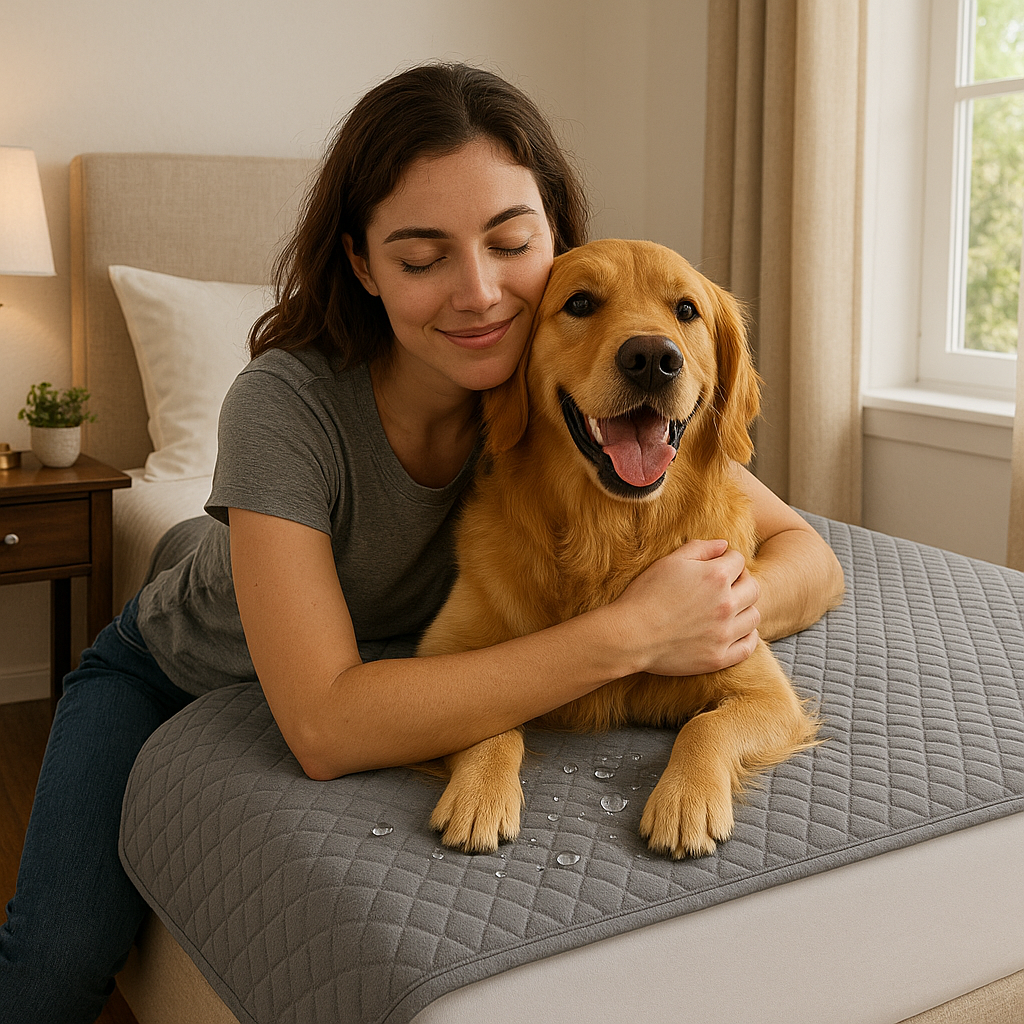 Woman with her golden retriever on the grey Snug couch blanket