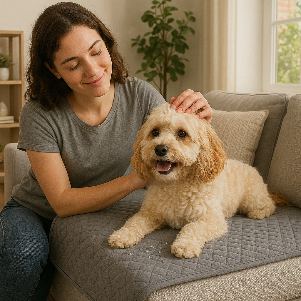 Woman relaxing with her dog on the grey Snug couch blanket