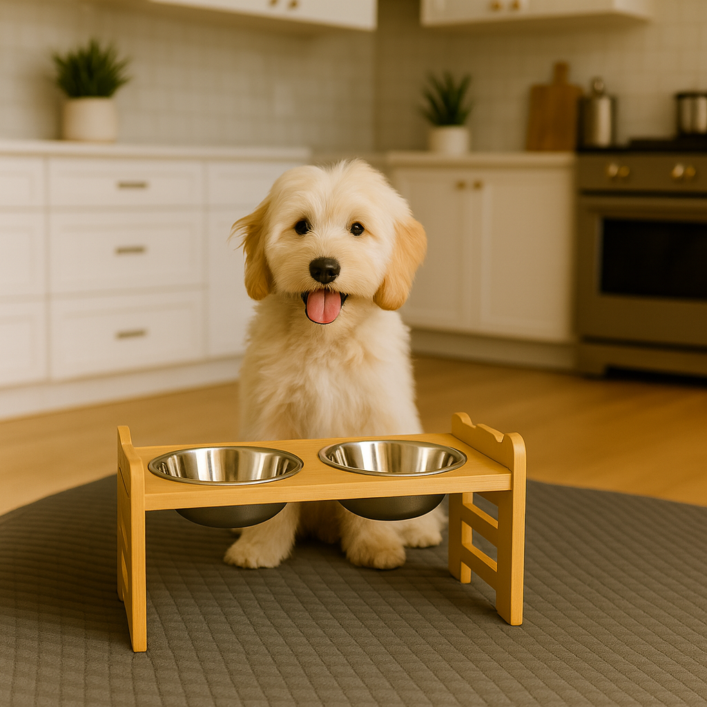 Goldendoodle at the Perch elevated bamboo dog feeder in a kitchen