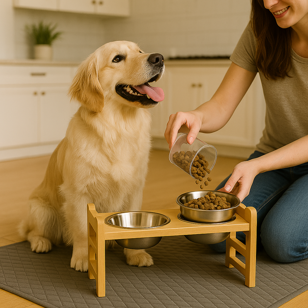 Dog being fed a treat beside the Perch elevated bamboo dog feeder