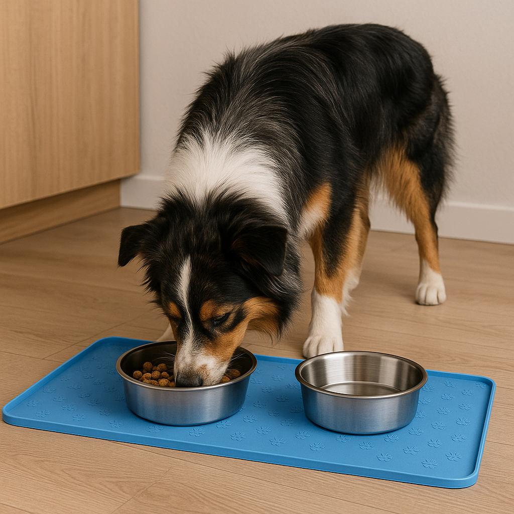 Dog eating from a bowl on the blue Nosh feeding mat