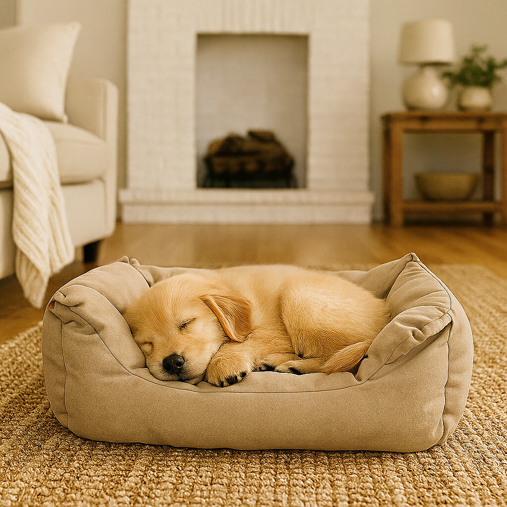Golden retriever sleeping in the Nuzzinel Trio dog bed by the fireplace