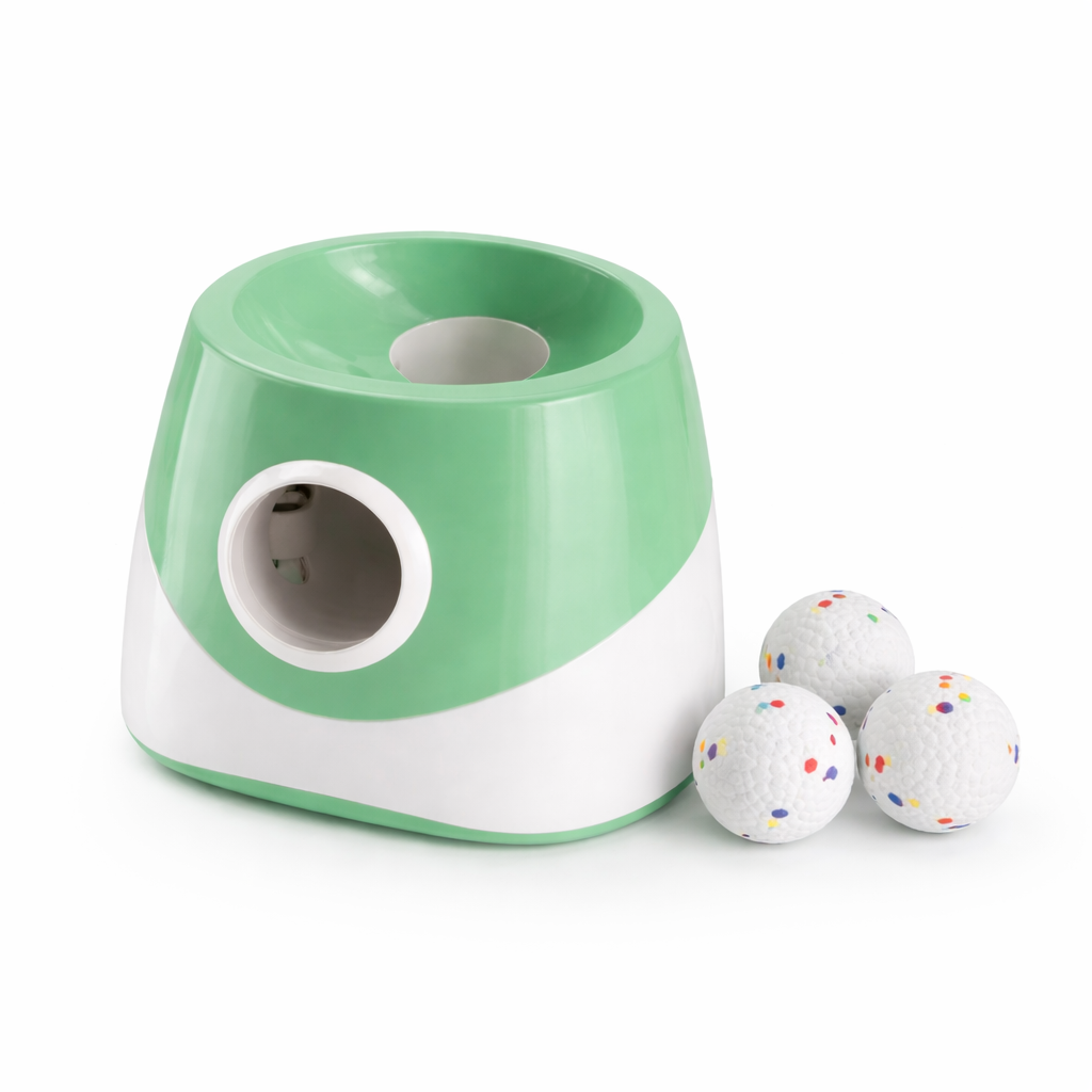 Green Rally automatic dog ball launcher with dotted balls