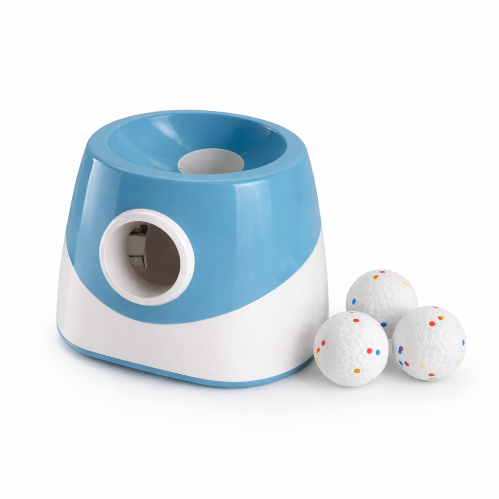 Blue Rally automatic dog ball launcher with dotted balls