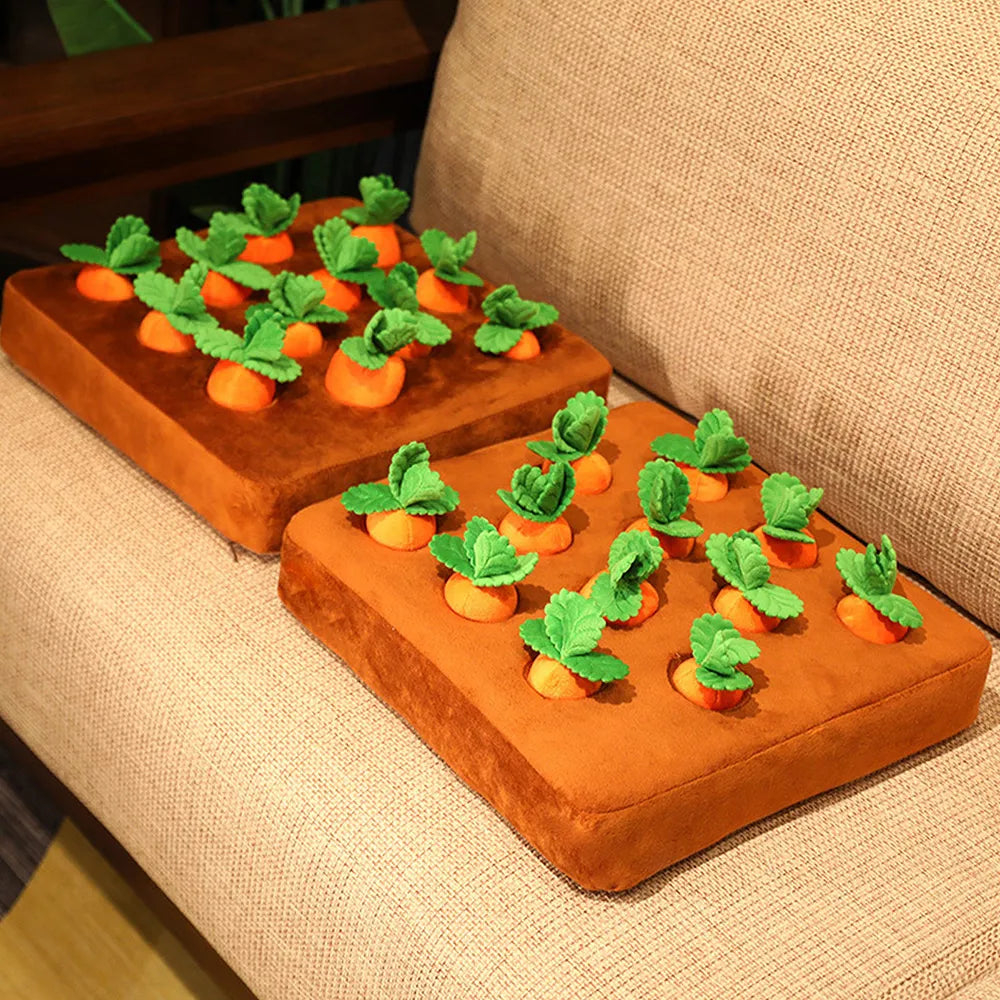 Nuzzinel Sprout carrot snuffle dog toy planted with plush carrots