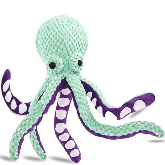 Ollie plush octopus dog toy, mint green with purple polka-dot tentacles
