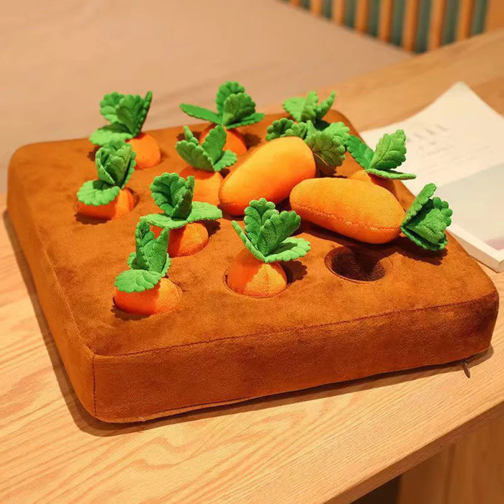 Nuzzinel Sprout carrot snuffle dog toy with plush carrots