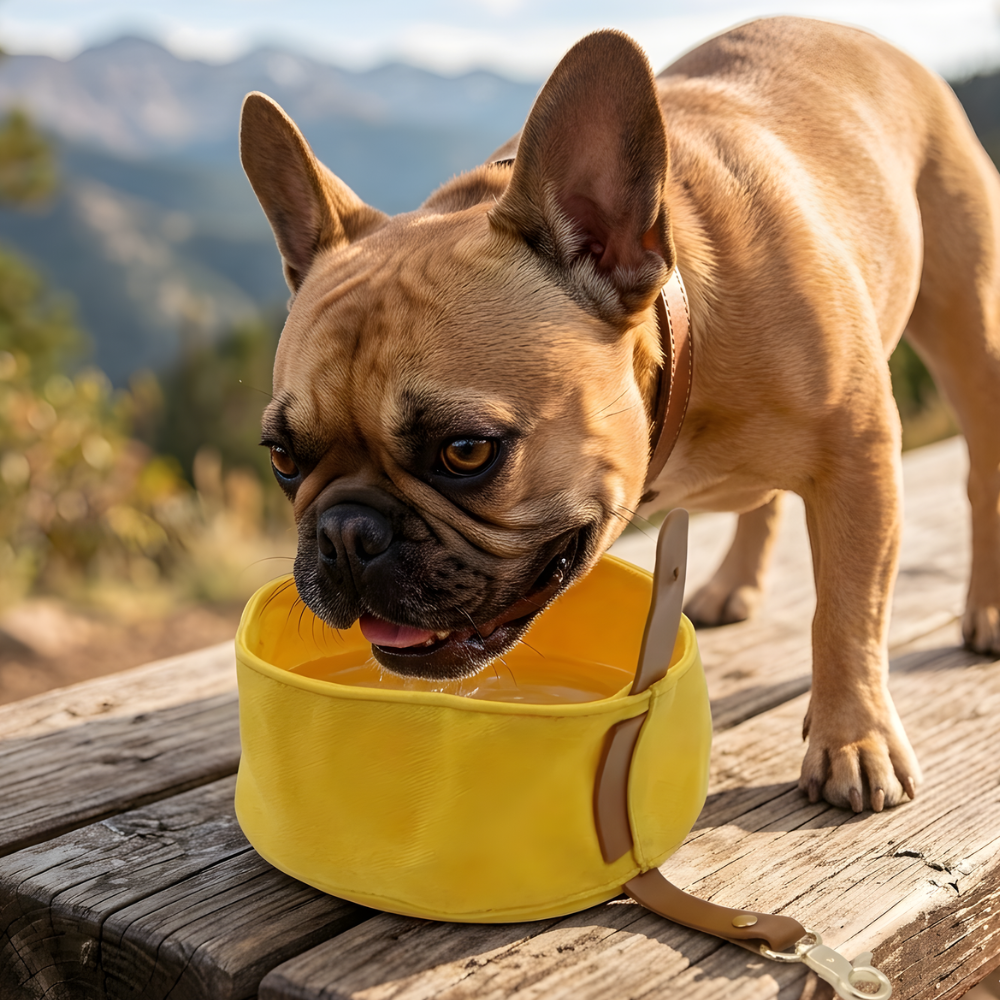 Dog eating from the yellow Nuzzinel Pebble foldable travel dog bowl