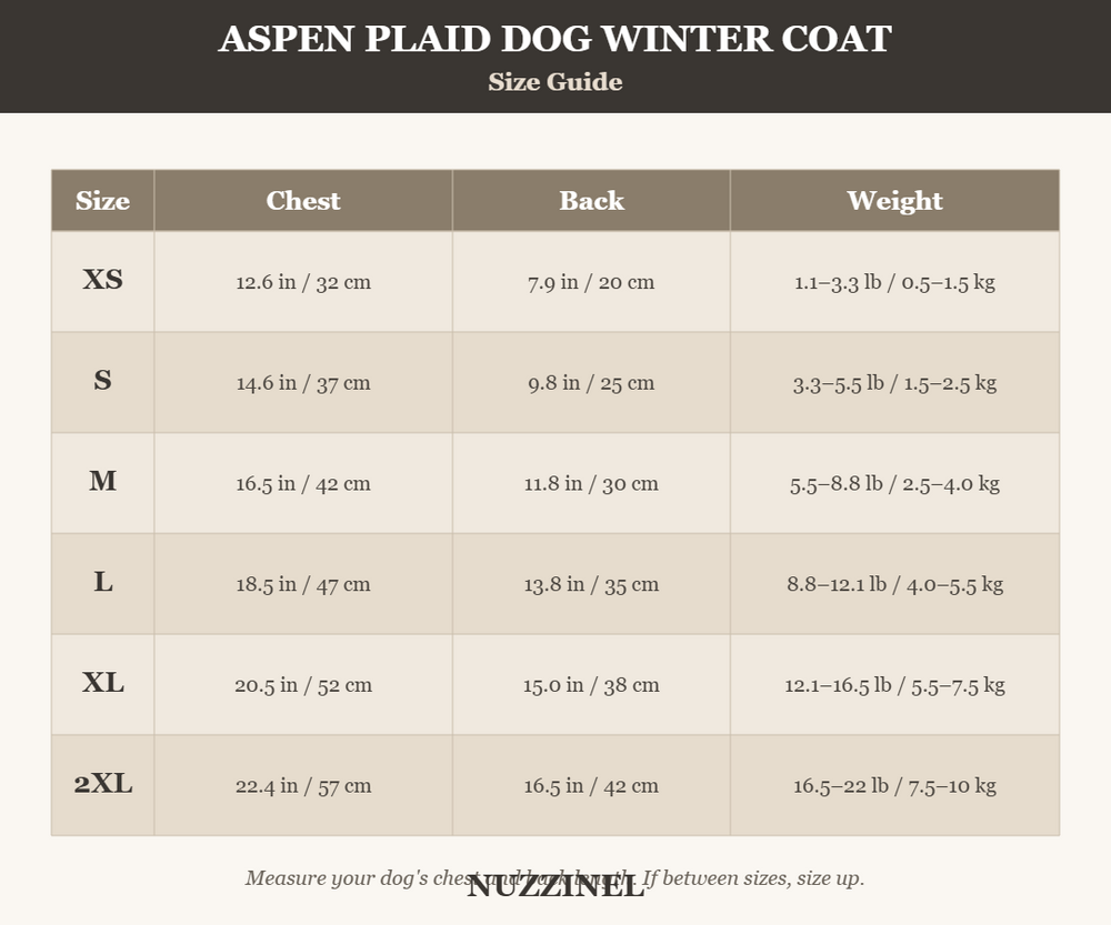 Aspen Plaid Dog Winter Coat with Scarf — Size guide