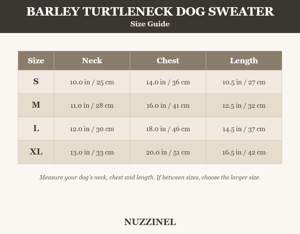 Barley Turtleneck Dog Sweater — Size guide