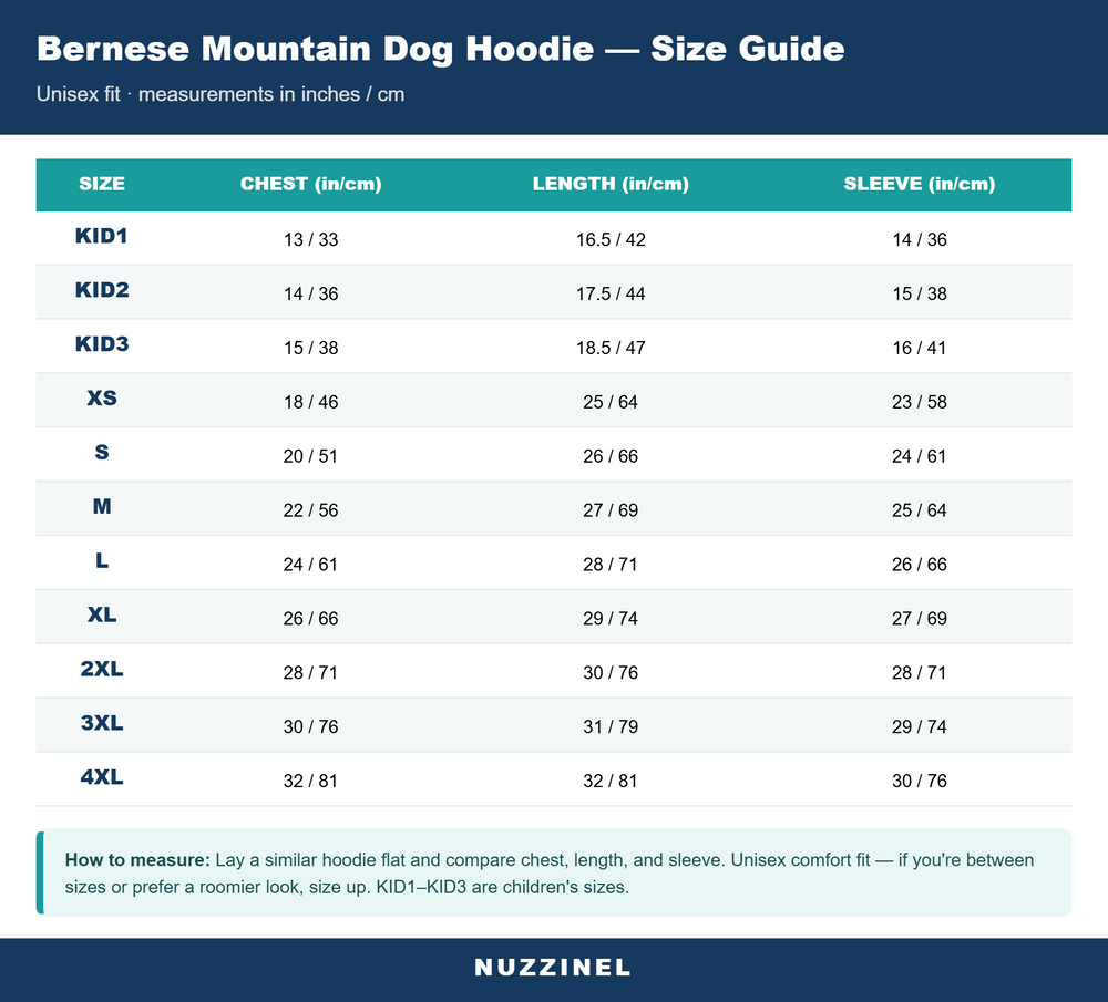 Bernese Mountain Dog Big Face Hoodie — Size guide