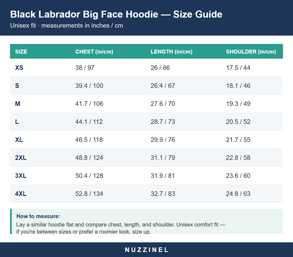 Black Labrador Big Face Hoodie — Size guide