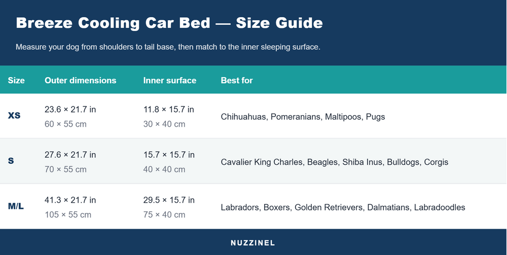 Breeze Cooling Car Bed — Size guide