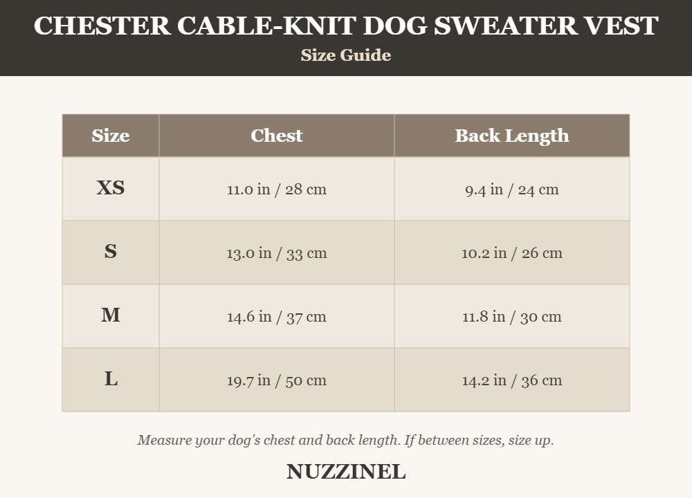 Chester Cable-Knit Dog Sweater Vest — Size guide