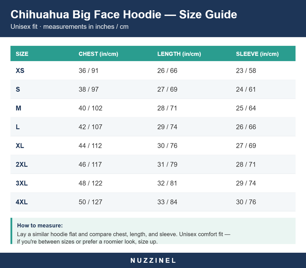 Chihuahua Big Face Hoodie — Size guide