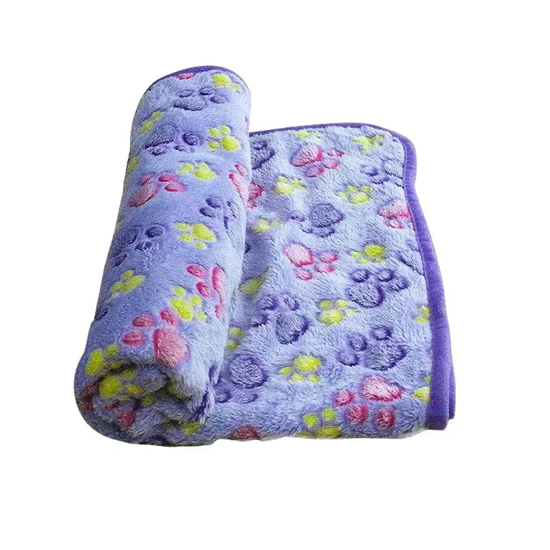 Purple paw-print coral fleece dog blanket