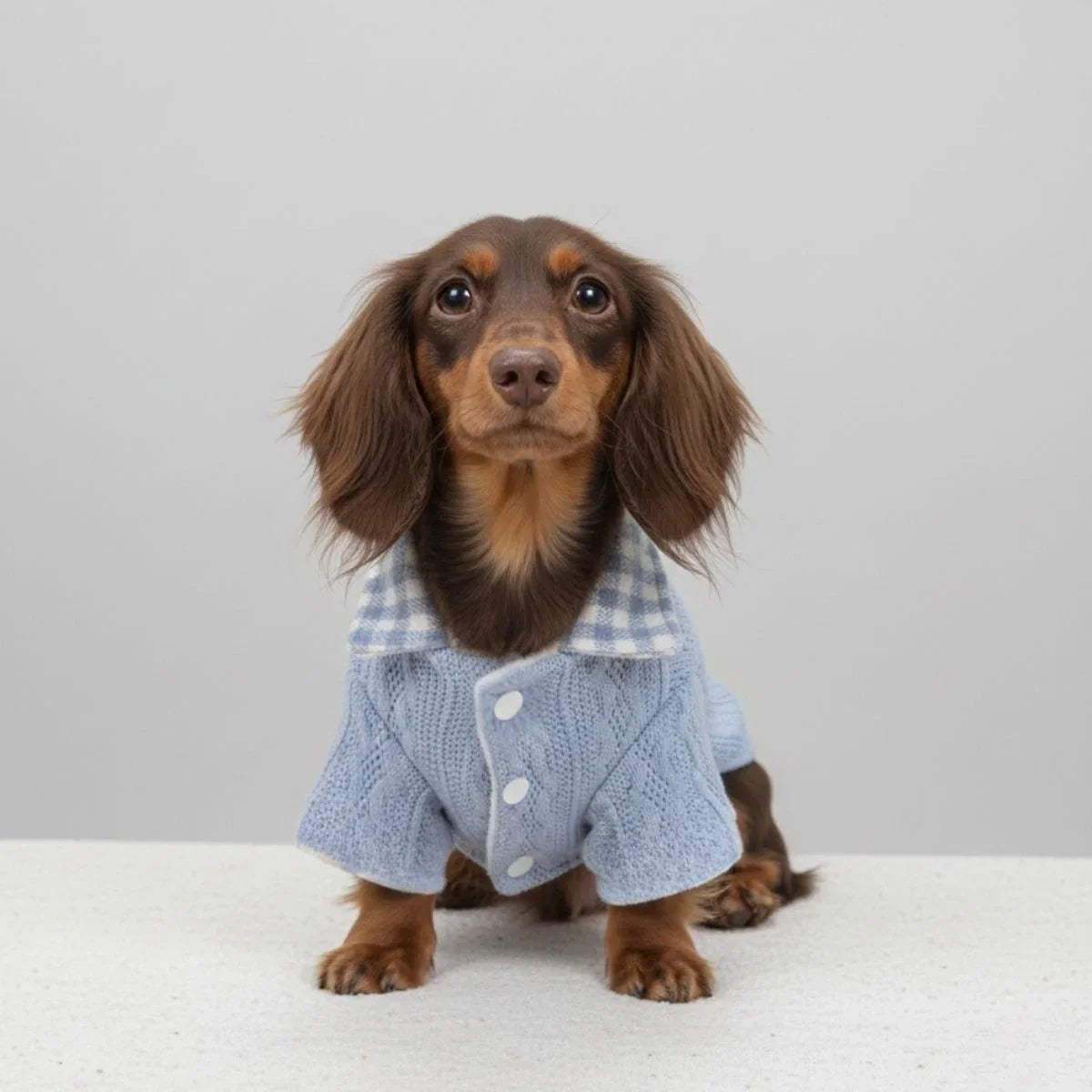 Small dog in a blue cable-knit dog sweater with plaid collar, front view