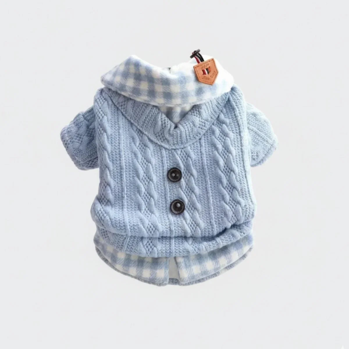 Blue cable-knit dog sweater with gingham plaid collar and button details