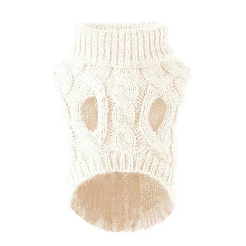Cream white chunky cable-knit high-neck turtleneck dog sweater