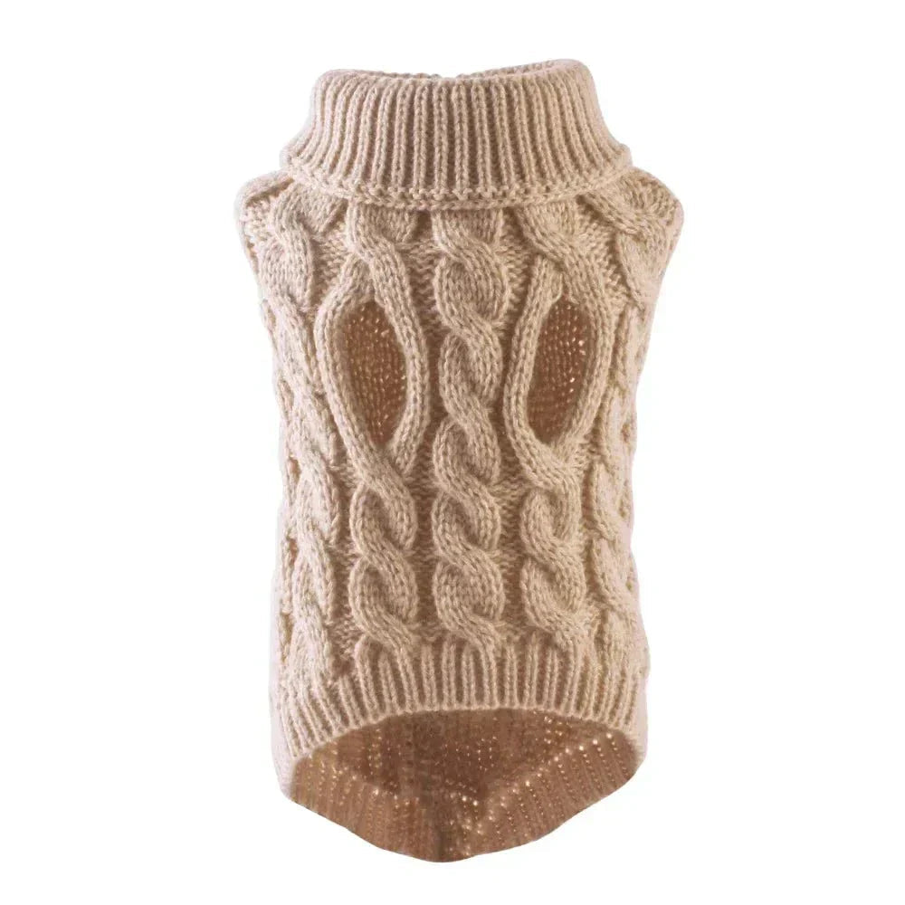 Beige chunky cable-knit high-neck turtleneck dog sweater