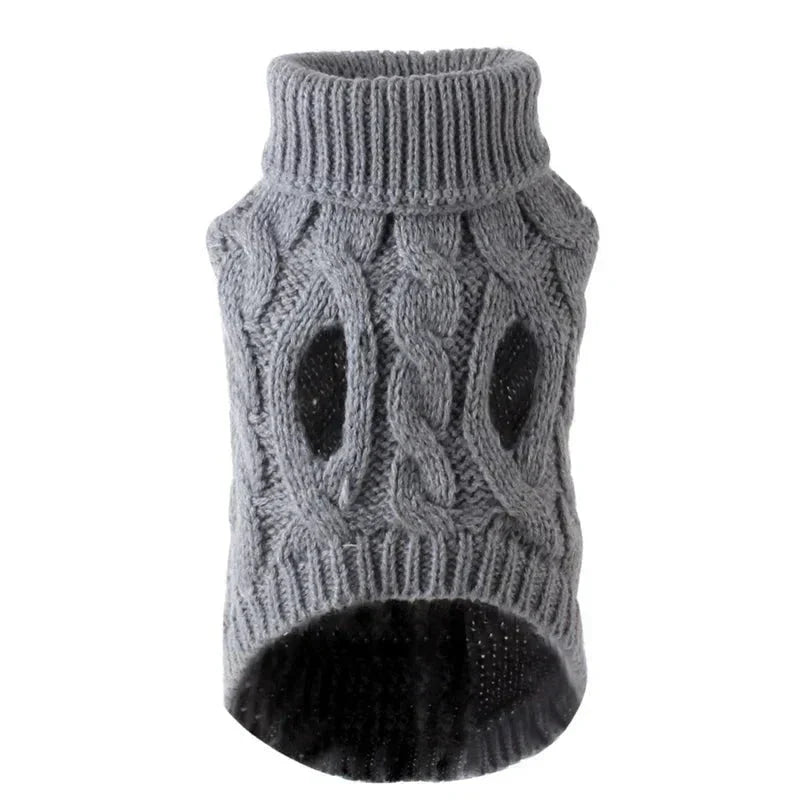 Grey chunky cable-knit high-neck turtleneck dog sweater
