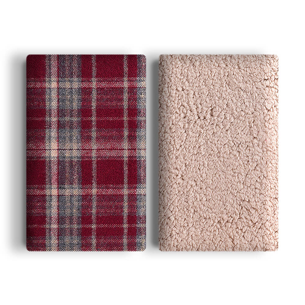 Rowan red plaid sherpa dog blanket with cream sherpa reverse
