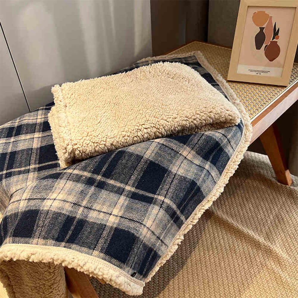 Rowan blue plaid sherpa dog blanket