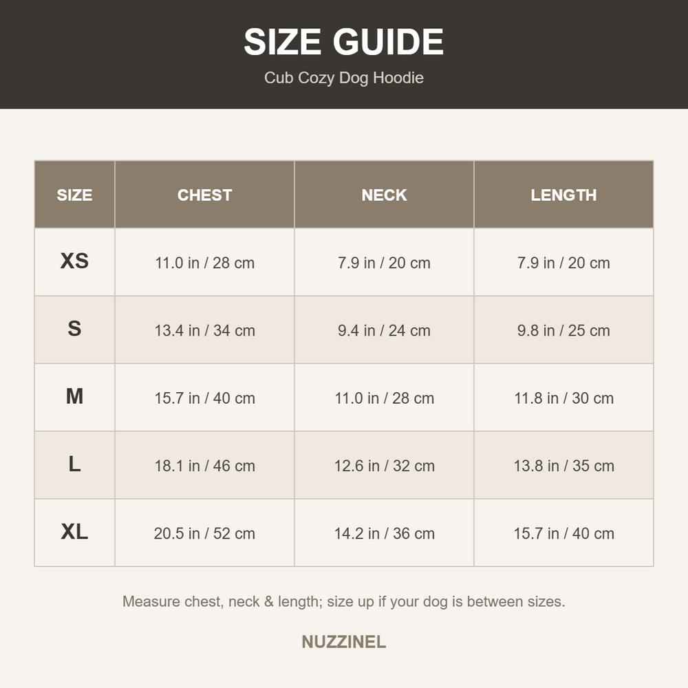 Cub Cozy Dog Hoodie — Size guide