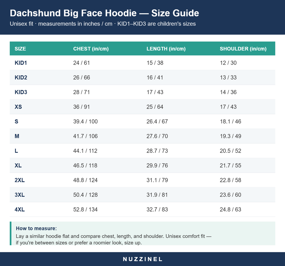 Dachshund Big Face Hoodie — Size guide