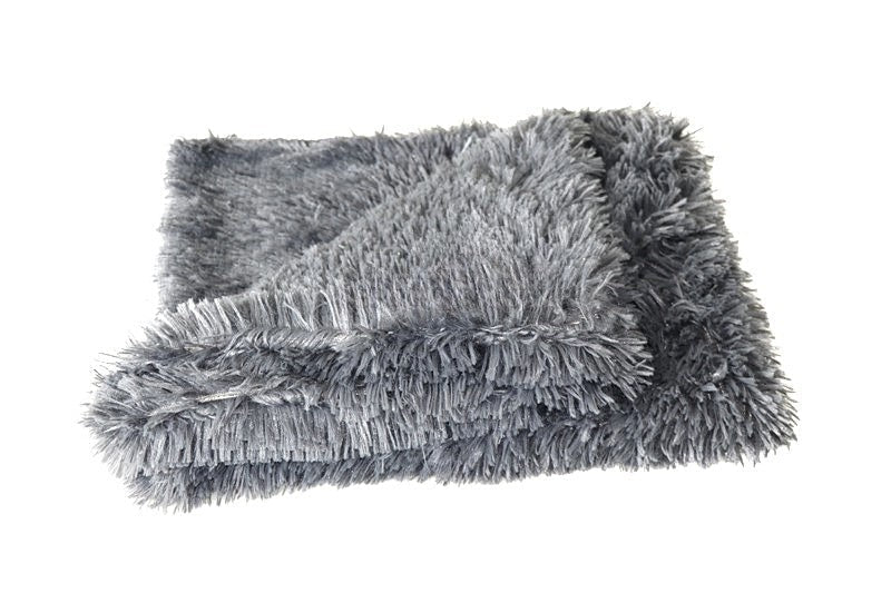 Charcoal faux-fur calming dog blanket, folded