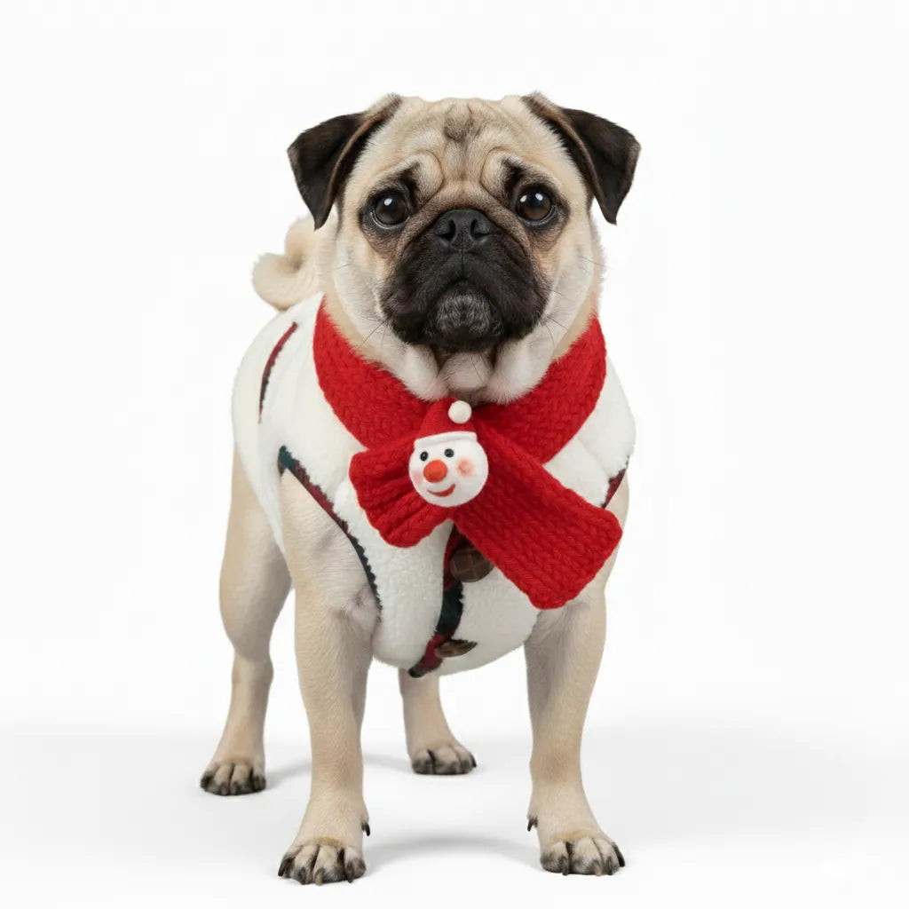 Small dog wearing a cream plaid fleece winter coat with a red snowman scarf