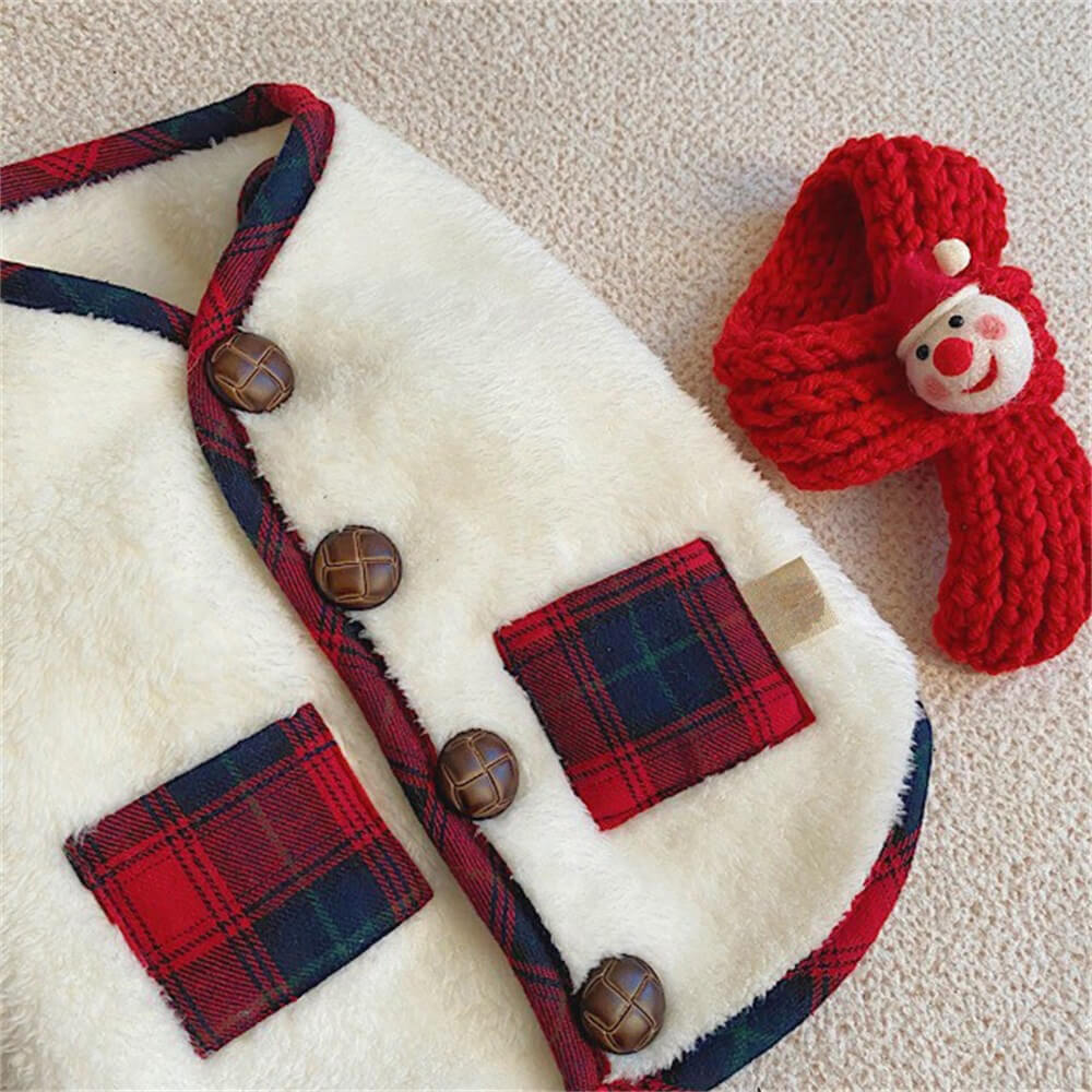 Cream plaid fleece dog winter coat with wooden buttons and matching red snowman scarf