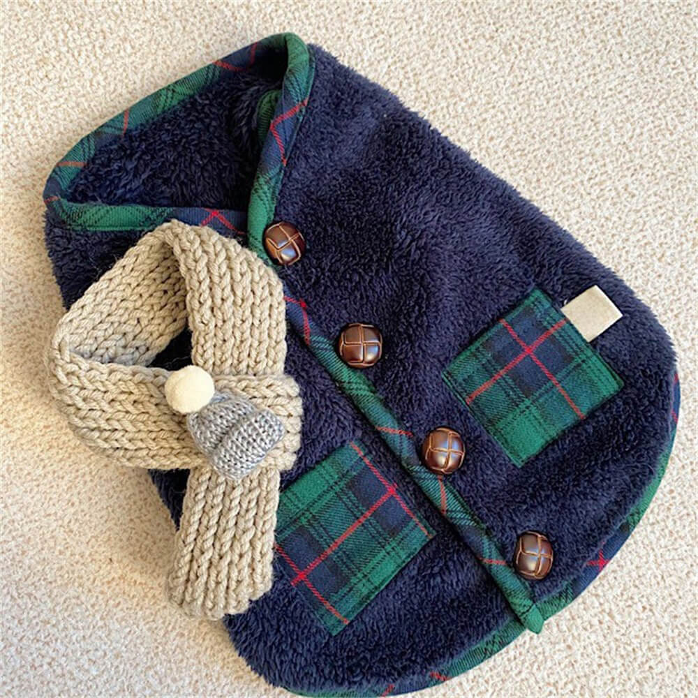 Navy plaid fleece dog winter coat with wooden buttons and matching cream pom-pom scarf