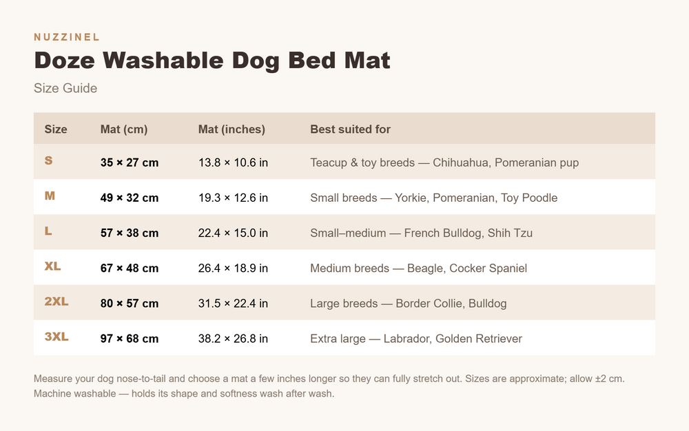 Doze Washable Dog Bed Mat — Size guide