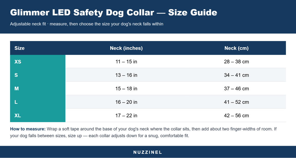 Glimmer LED Safety Dog Collar — Size guide