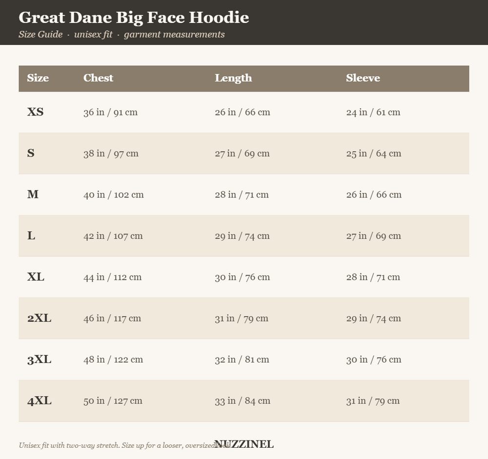 Great Dane Big Face Hoodie — Size guide