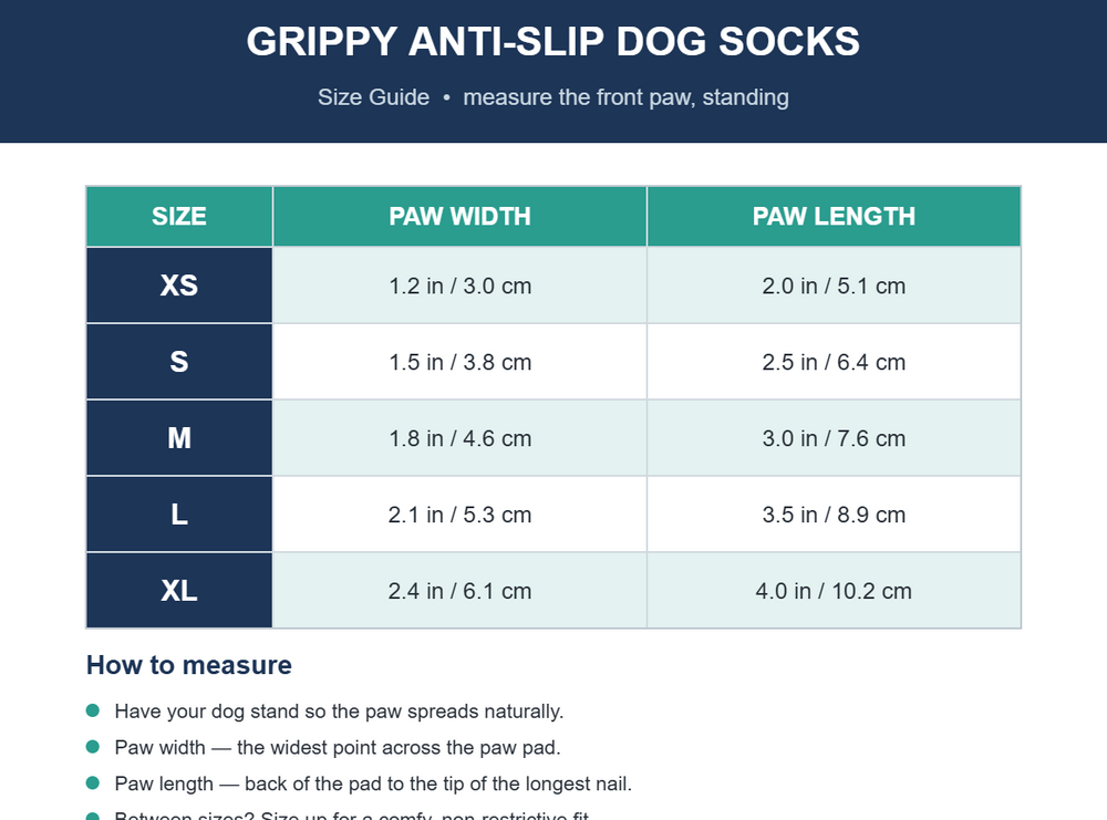 Grippy Anti-Slip Dog Socks — Size guide