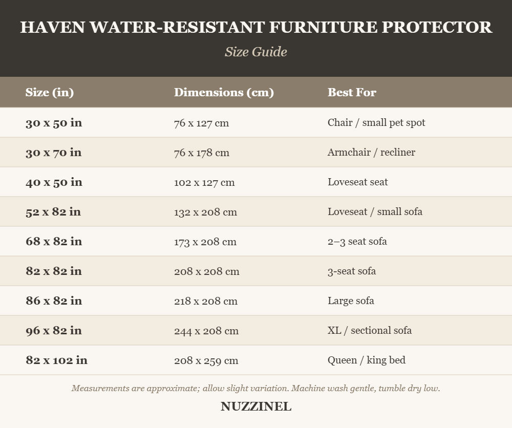 Haven Water-Resistant Furniture Protector — Size guide