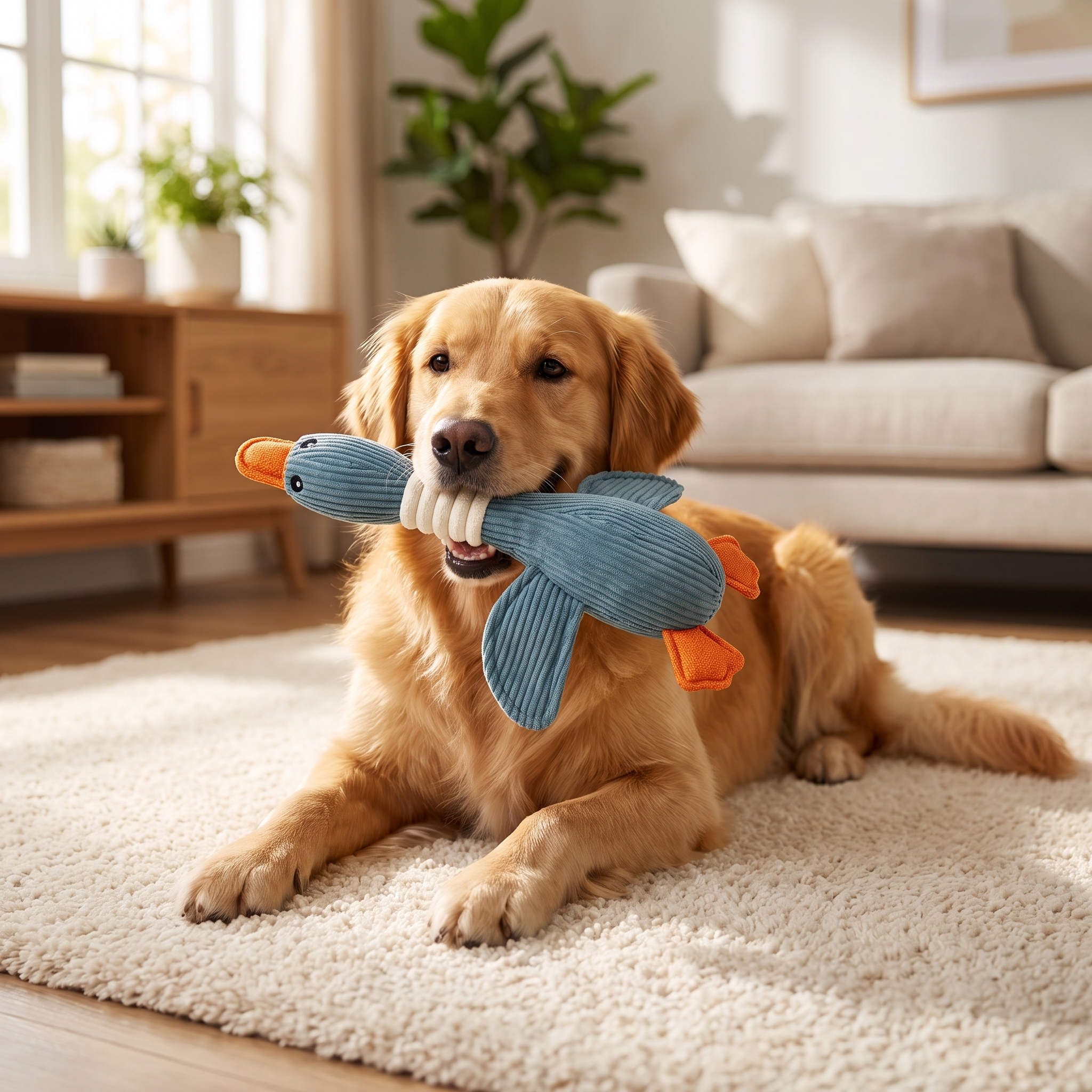 Golden retriever with Blue Waddles goose toy in a living room