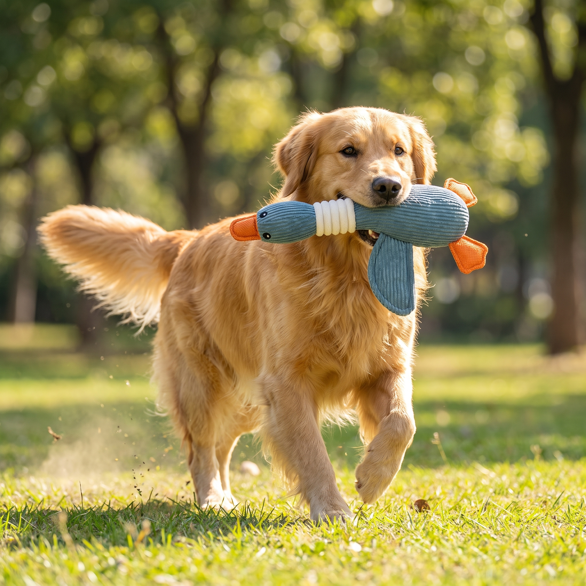Dog playing with Blue Waddles goose toy at the park