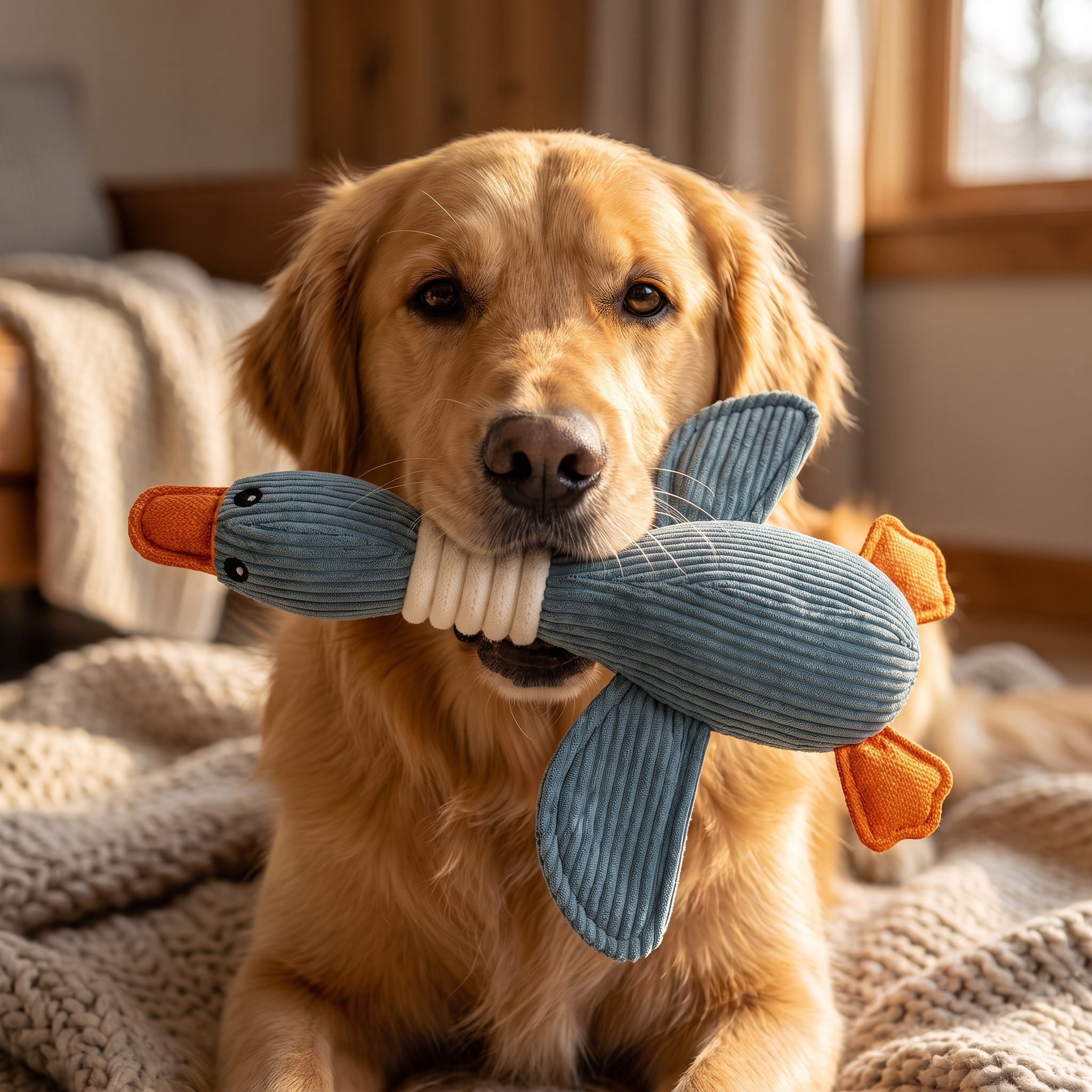 Close-up of a dog holding the Waddles goose dog toy