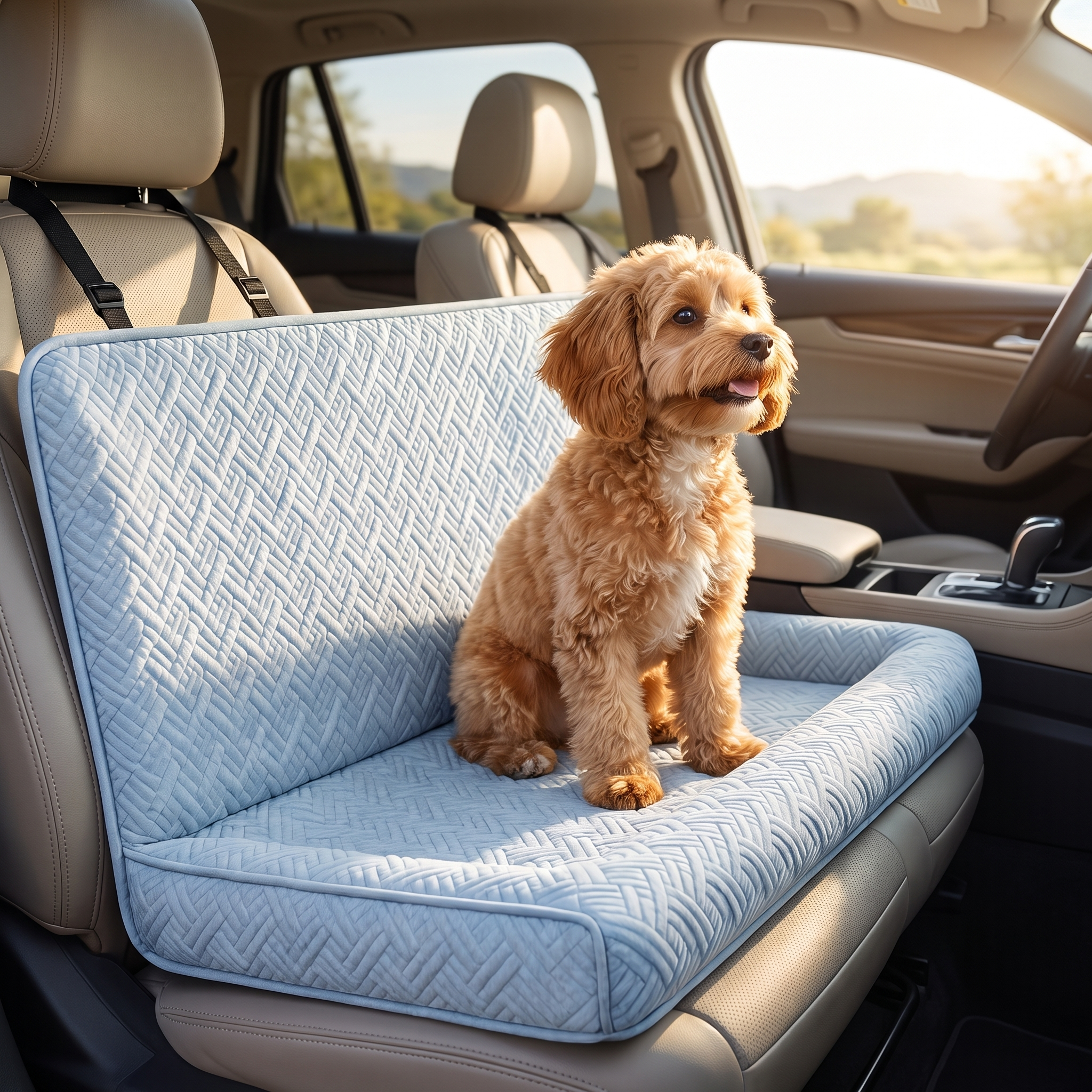 Cavapoo sitting on the Nestle dog car seat bed looking out the window