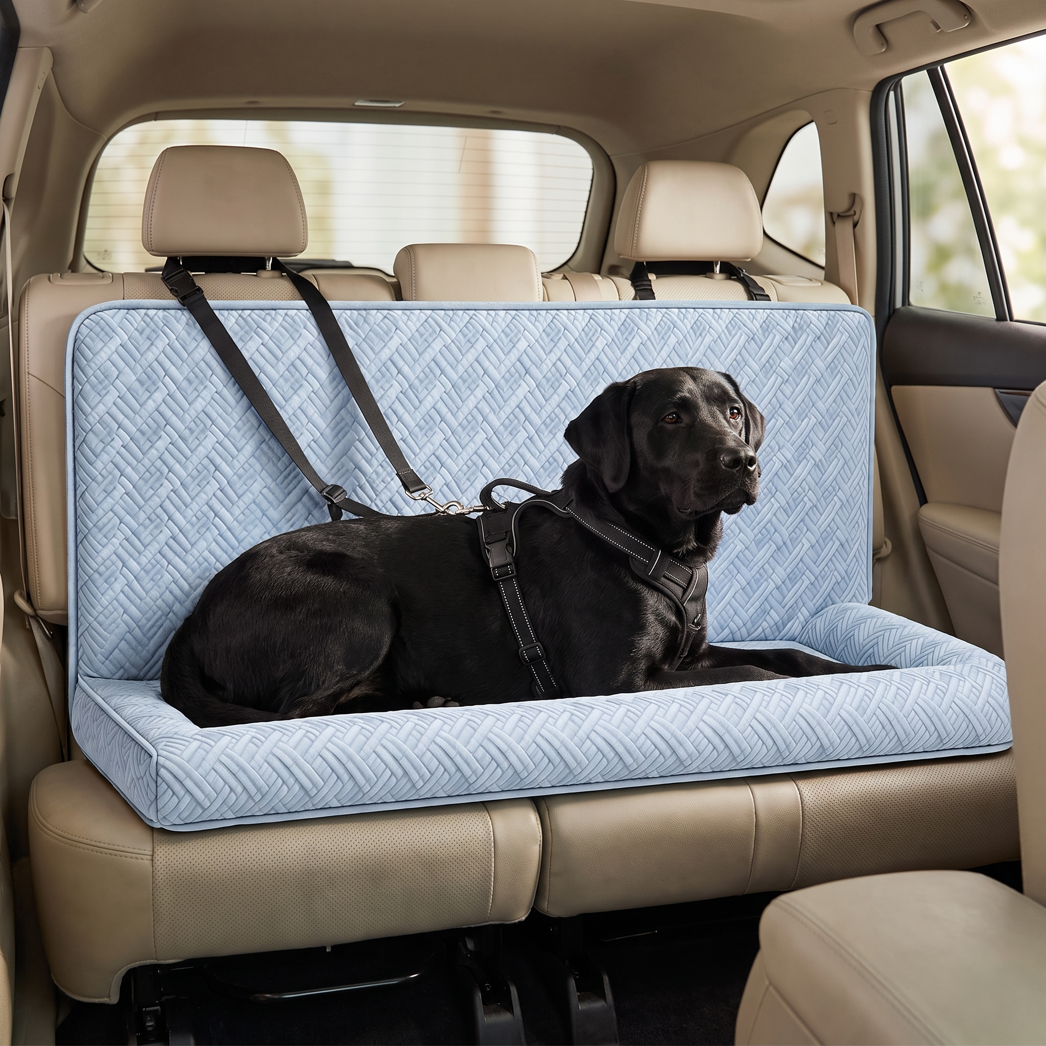 Labrador secured on the Nestle car seat bed with a harness