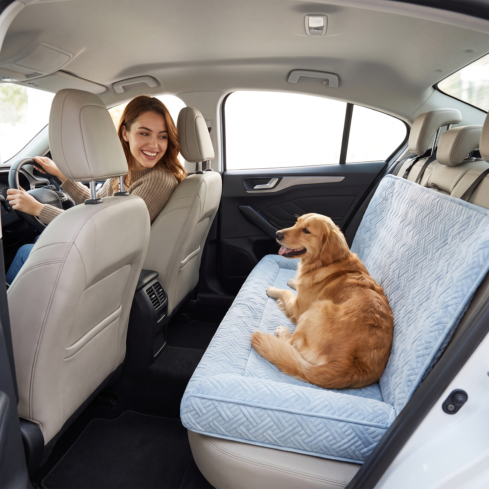 Woman driving with her dog resting on the Nestle car seat bed in the back seat