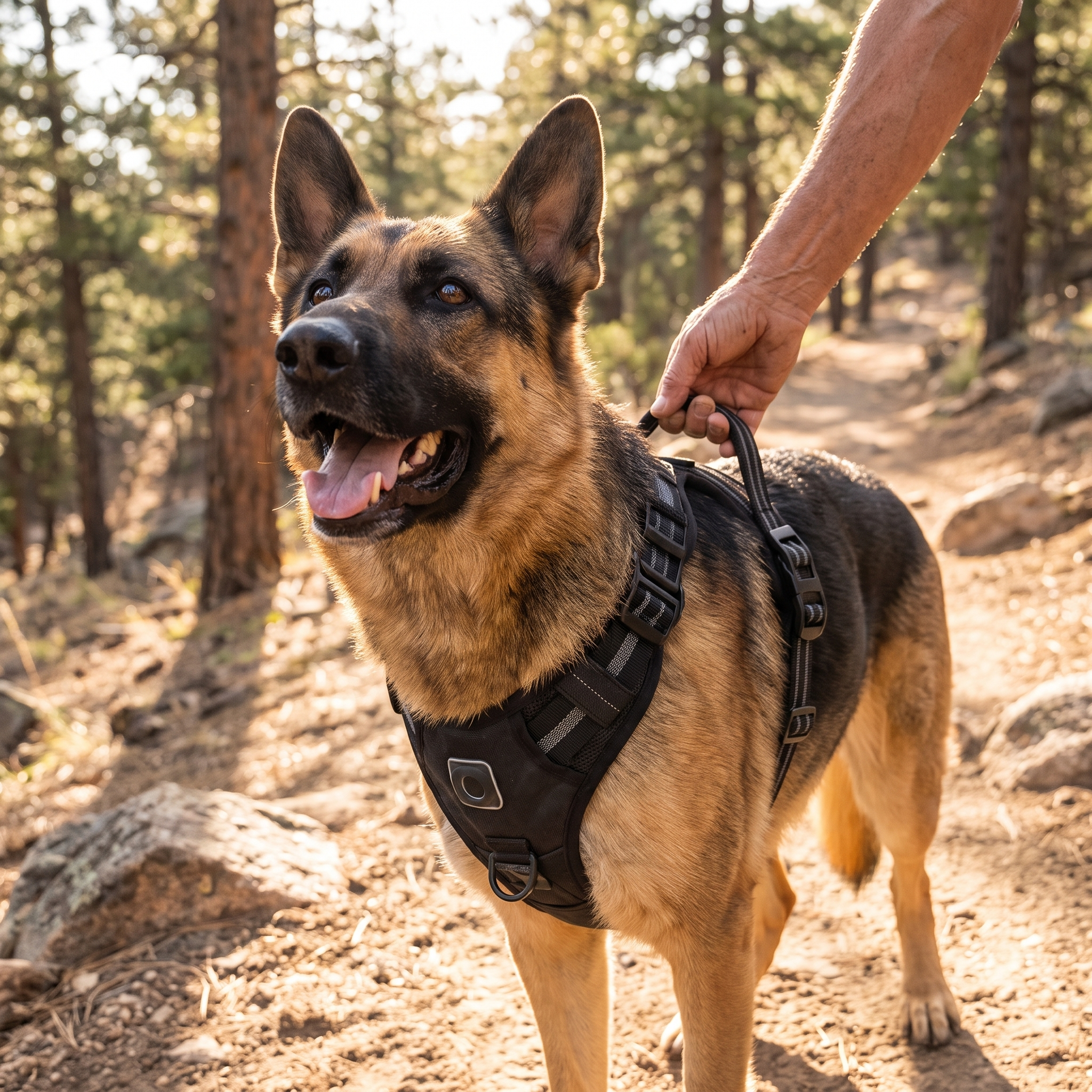 German shepherd wearing the black Snug harness on a trail
