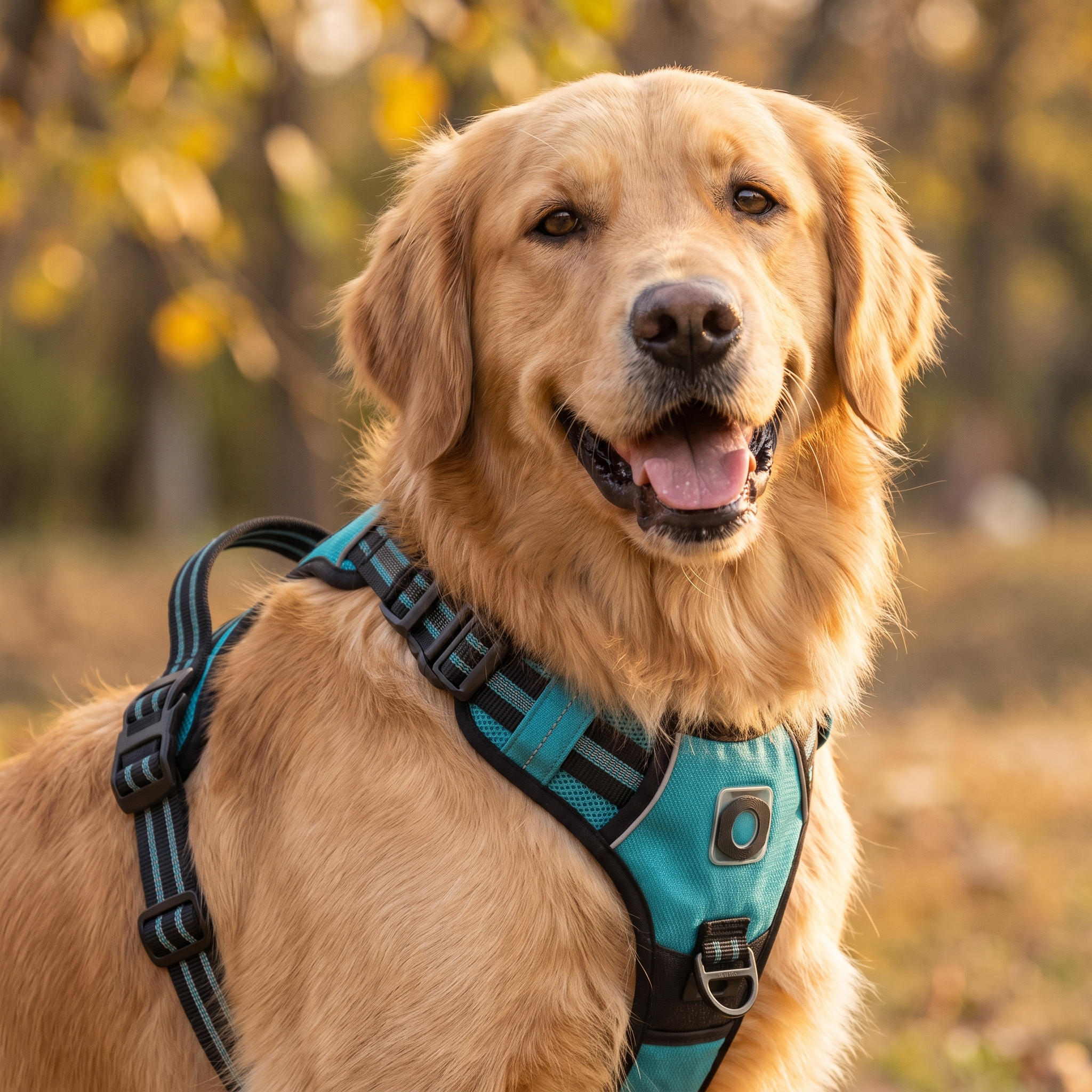 Close-up of a dog wearing the teal Snug harness